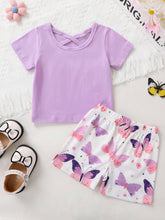 Young Girls' Elegant, Sweet & Cute Butterfly Knot Pattern Printed T-Shirt And Shorts Set, Suitable For Casual, Vacation, Party